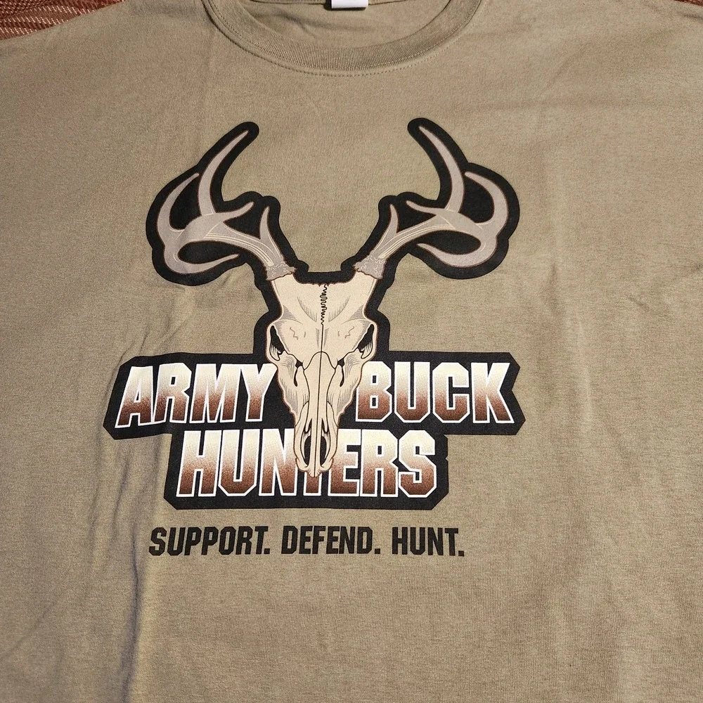Army Buck Hunters Whitetail Graphic T-Shirt 3XL Tan Double Sided Cotton Support